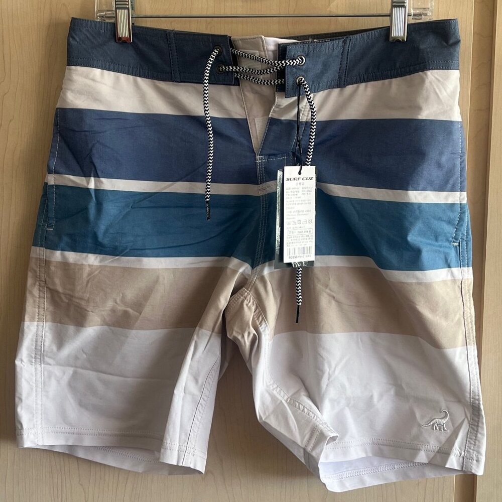 NWT Surf Cuz Men's Board Shorts Sz 30 Striped Print Blue Tan Swim‎ Trunks Pocket